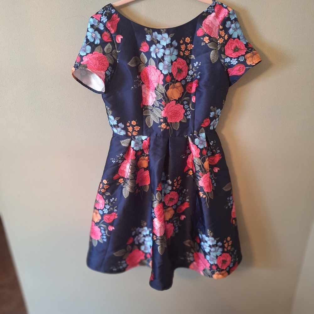 Floral Fit-and-Flare Dress in Navy with Pink Floral Print - Picture 5 of 14